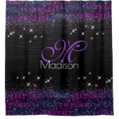 紫色の黒ブラシ仕上げ金属グリッターモノグラム シャワーカーテン (正面)
