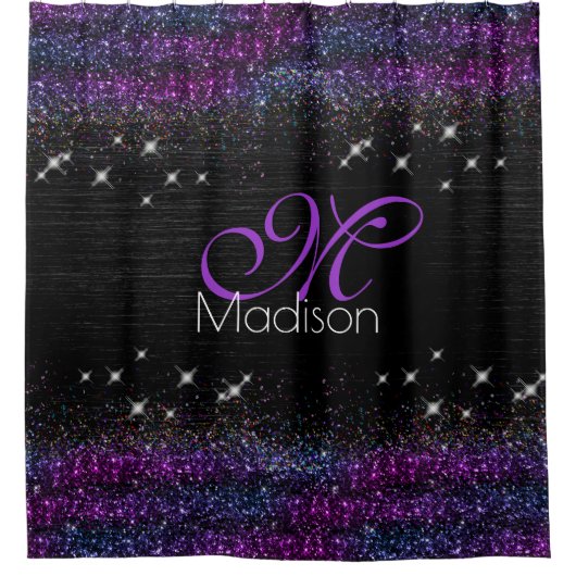 紫色の黒ブラシ仕上げ金属グリッターモノグラム シャワーカーテン (正面)