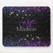 紫色の黒ブラシ仕上げ金属グリッターモノグラム マウスパッド (正面)