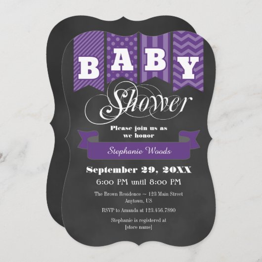 紫色の黒板フラッグベビーシャワー招待状 招待状 (正面/裏面)