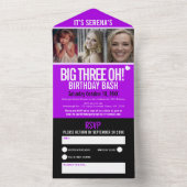 紫色の3写真30th大きな3ああ誕生日パーティー オールインワン招待状 (内側)