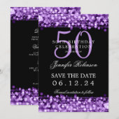 紫色の50thバースデーパ救ーティ日/詳細付き 招待状 (正面/裏面)