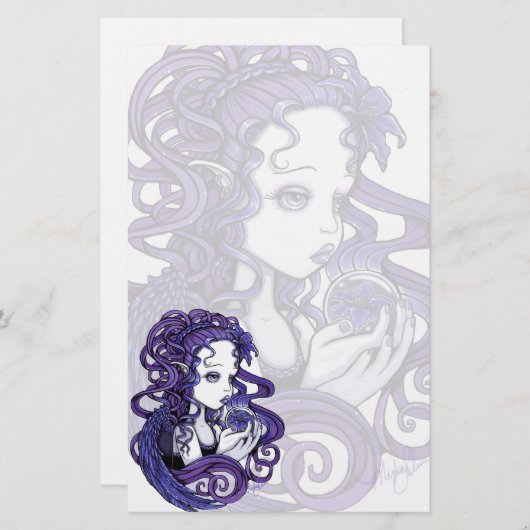 "紫色の"クリスタル・ボールの天使の芸術の文房具 便箋 (正面/裏面)
