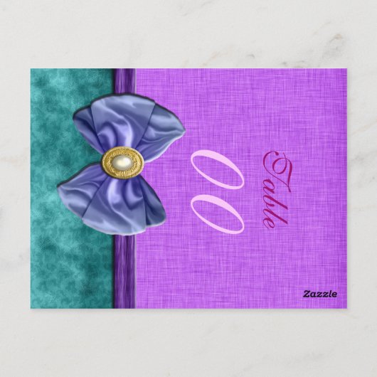紫色の"テーブル番号"ティール(緑がかった色)結婚のダマスク ポストカード (裏面)