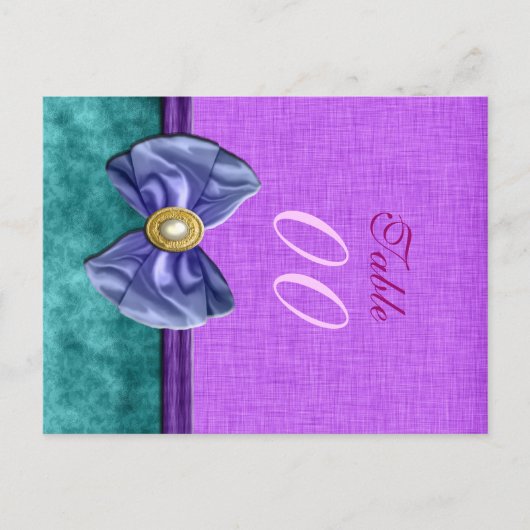 紫色の"テーブル番号"ティール(緑がかった色)結婚のダマスク ポストカード (正面)