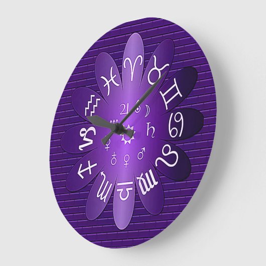 紫色の〔占星術の〕十二宮図星占い記号ウォールクロック ラージ壁時計 (傾斜)