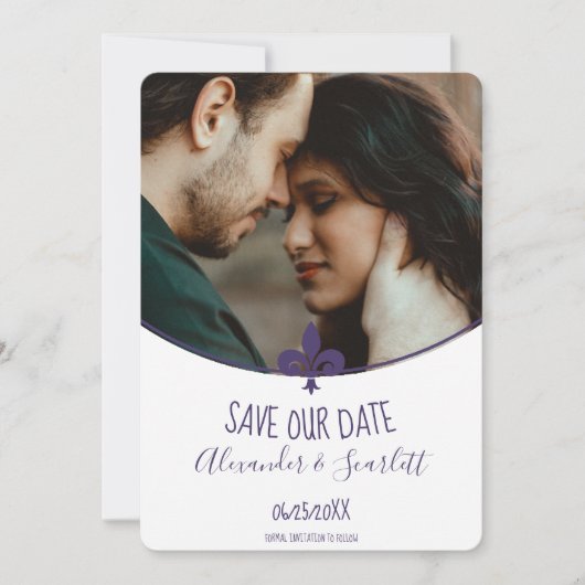 紫色の(紋章の)フラ・ダ・リ写真の保存日付 案内状 (正面)