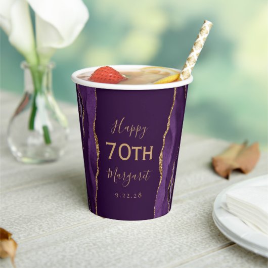 紫色のagateゴールドラメプラム70歳の誕生日 紙コップ (インサイチュ)
