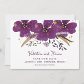 紫色のBoho水彩花の日付を保存 招待状 (正面)