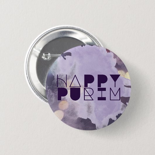 紫色のHAPPY PURIM 缶バッジ (正面&裏面)