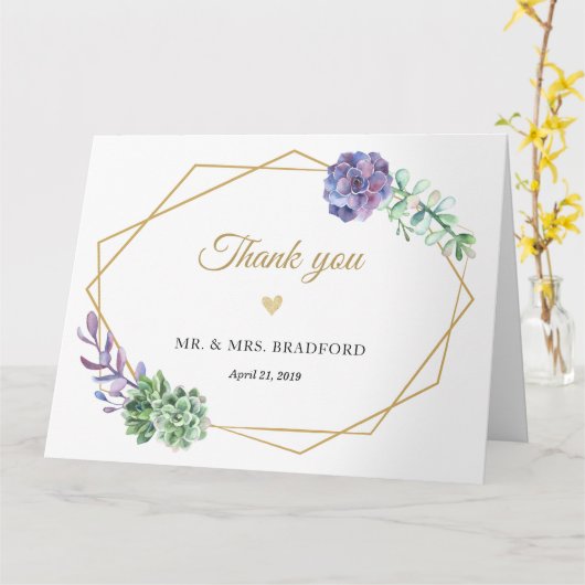 紫色のsucculentsの金ゴールドの幾何学的なフレームは感謝していしています カード (黄色い花)