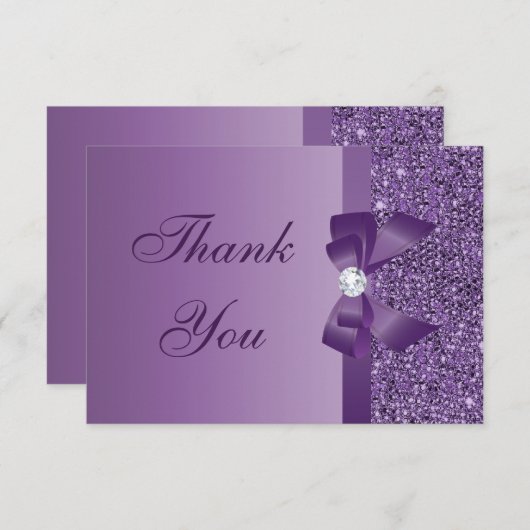 紫色はスパンコールの弓を印刷しました及びダイヤモンドは感謝していしています サンキューカード (正面/裏面)