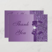 紫色はスパンコールの弓を印刷しました及びダイヤモンドは感謝していしています サンキューカード (正面/裏面)
