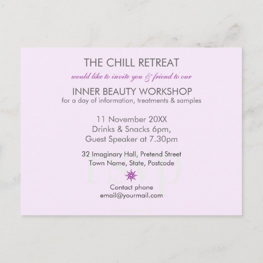 紫色はフライヤ美しいの研修会ビジネス泡立ちます インビテーションポストカード (裏面)