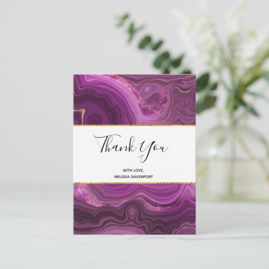 紫色アメシストとゴールドの抽象的なアゲートの感謝カード ポストカード (スタンド正面)