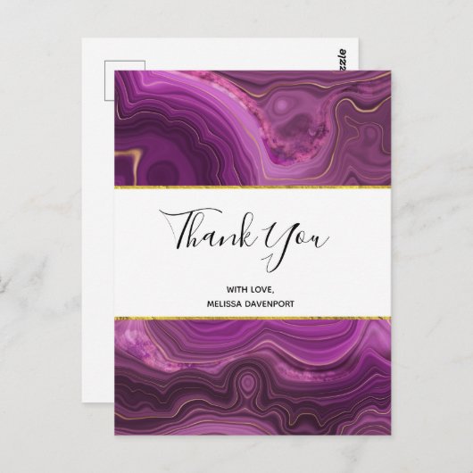 紫色アメシストとゴールドの抽象的なアゲートの感謝カード ポストカード (正面/裏面)