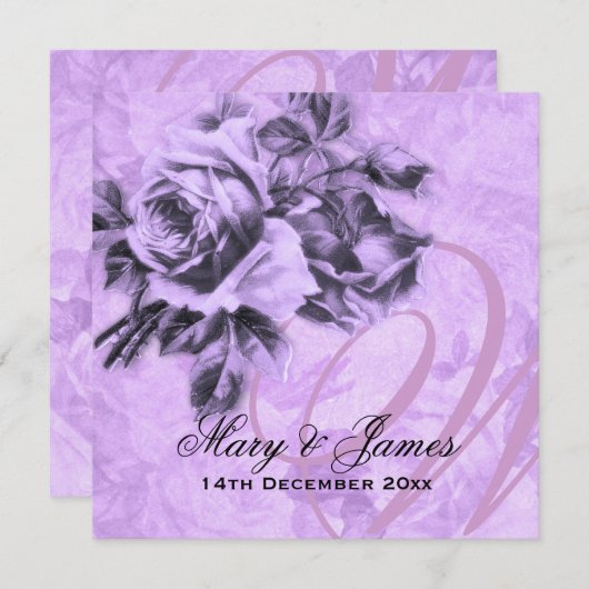 紫色エレガントな結婚式のヴィンテージのバラ 招待状 (正面/裏面)