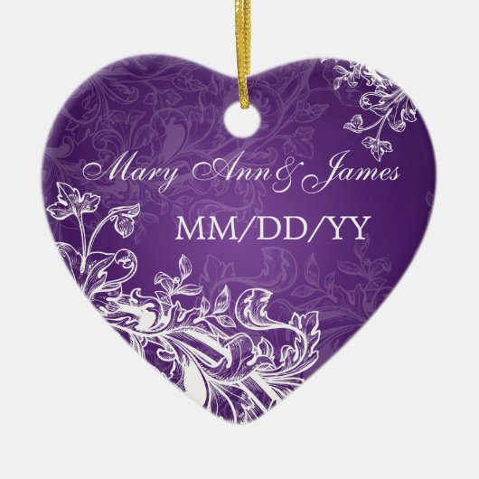 紫色エレガントな結婚式の引き出物のヴィンテージの渦巻 セラミックオーナメント (正面)