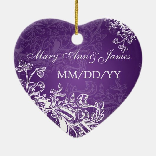 紫色エレガントな結婚式の引き出物のヴィンテージの渦巻 セラミックオーナメント (裏面)