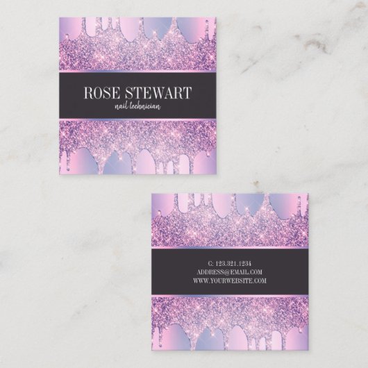 紫色エレガントグリッタードリップ爪、 ネイル スクエア名刺 (正面/裏面)