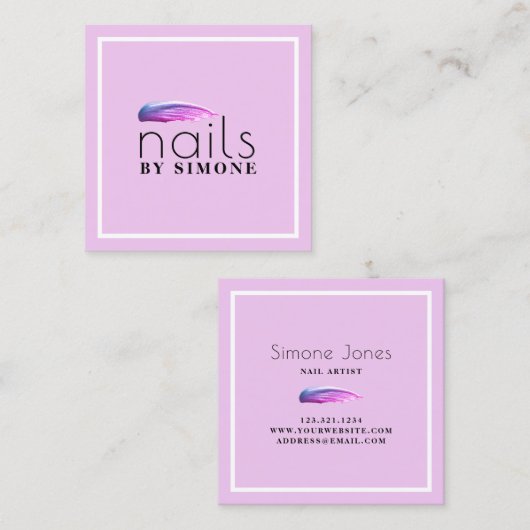 紫色エレガント爪、 ネイルポリッシュストローク スクエア名刺 (正面/裏面)