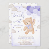 紫色クマさん待ちきれないベイビーシャワー 招待状 (正面/裏面)