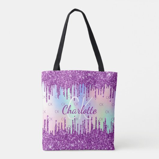 紫色グリッターピンクホログラフィカスタムックモノグラム トートバッグ (裏面)