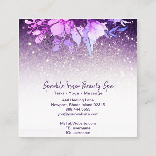 紫色グリッター美しいグラデーションスパフローラ スクエア名刺 (裏面)
