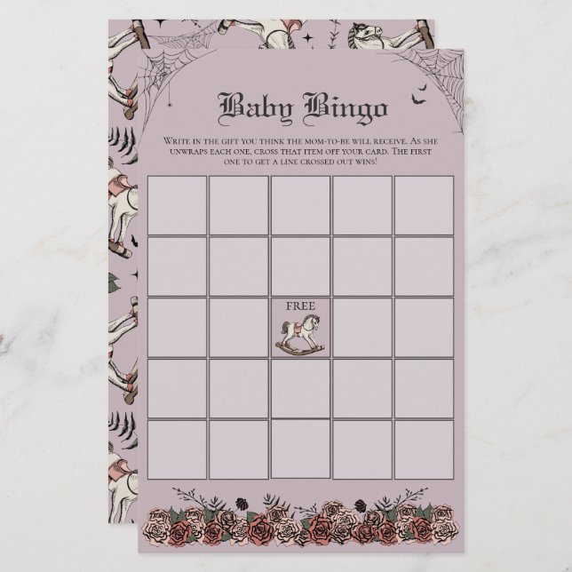 紫色ゴシックの赤ちゃんシャワーロッキングホースベビービンゴ (正面/裏面)
