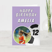 紫色サッカーサッカーボール写真誕生日 カード (正面)