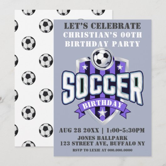 紫色サッカー テーマの誕生日パーティー招待状 (正面/裏面)