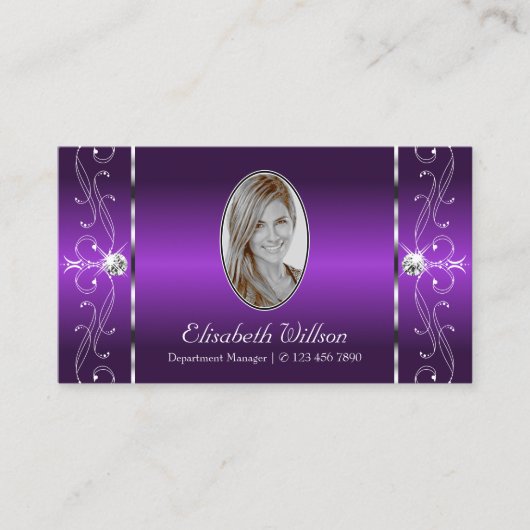 紫色スタイリッシュの白い四角い宝石と写真 名刺 (正面)