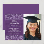 紫色ダマスクの写真付き卒業招待状 招待状 (正面/裏面)