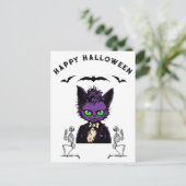 紫色ハロウィンの猫 - バットとスケルトン付き ポストカード (スタンド正面)