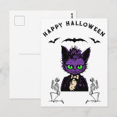 紫色ハロウィンの猫 - バットとスケルトン付き ポストカード (正面/裏面)