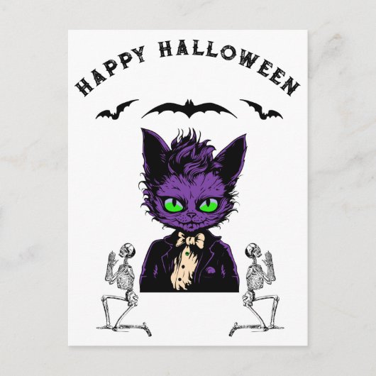 紫色ハロウィンの猫 - バットとスケルトン付き ポストカード (正面)
