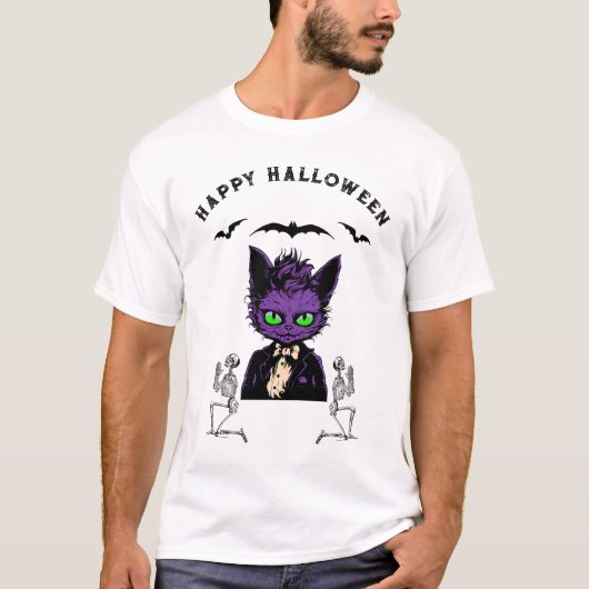 紫色ハロウィンの猫 - バットとスケルトン付き Tシャツ (正面)