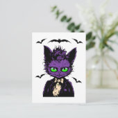 紫色ハロウィン猫とコウモリたち ポストカード (スタンド正面)