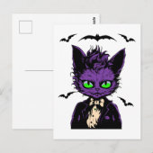 紫色ハロウィン猫とコウモリたち ポストカード (正面/裏面)