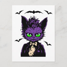紫色ハロウィン猫とコウモリたち ポストカード