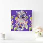 紫色パンジーの水彩画 女性のオフィスクロック スクエア壁時計 (ホーム)