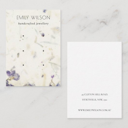 紫色フローラ手作り紙テクスチャ3イヤリング 名刺 (正面/裏面)