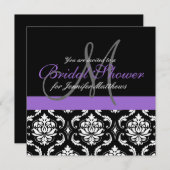 紫色ブライダルシャワーのモノグラムのダマスク織の招待状 招待状 (正面/裏面)