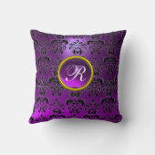 紫色ブラックダマスクジェムストーンモノグラム クッション (裏面)