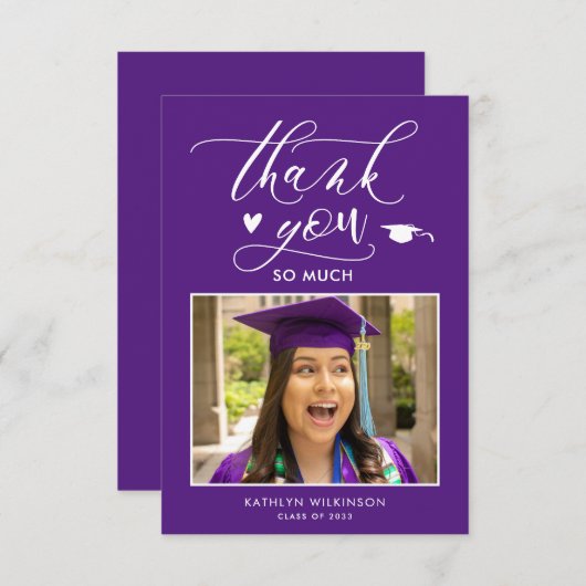 紫色ミニマル写真卒業サンキューカード 招待状 (正面/裏面)