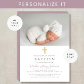 紫色モダンの宗教十字写真バプテスマ 招待状