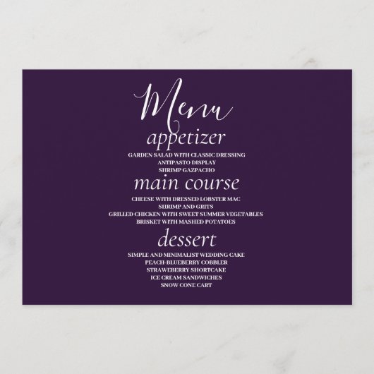 紫色モダンの表結婚のメニューカード メニュー (正面)