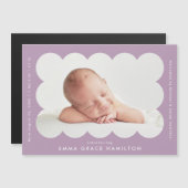 紫色モダンの鱗片状の写真の誕生のお知らせ (正面/裏面)