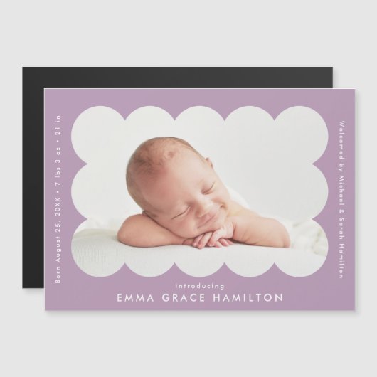紫色モダンの鱗片状の写真の誕生のお知らせ (正面/裏面)