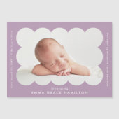 紫色モダンの鱗片状の写真の誕生のお知らせ (正面)